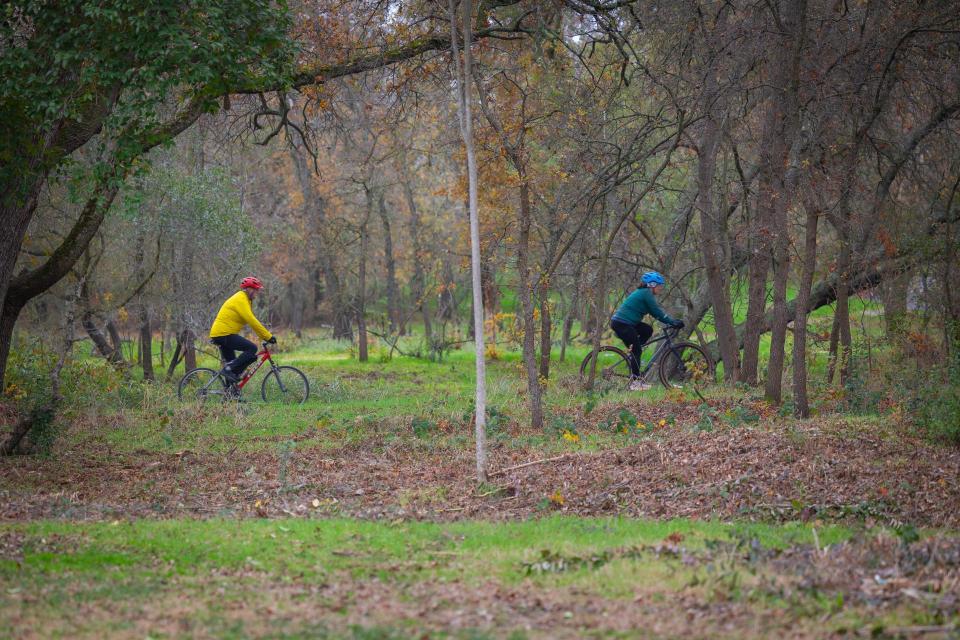 Two bicyclists cycling in a wooded area