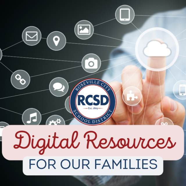 digital resources for families with hand searching online apps and RCSD logo